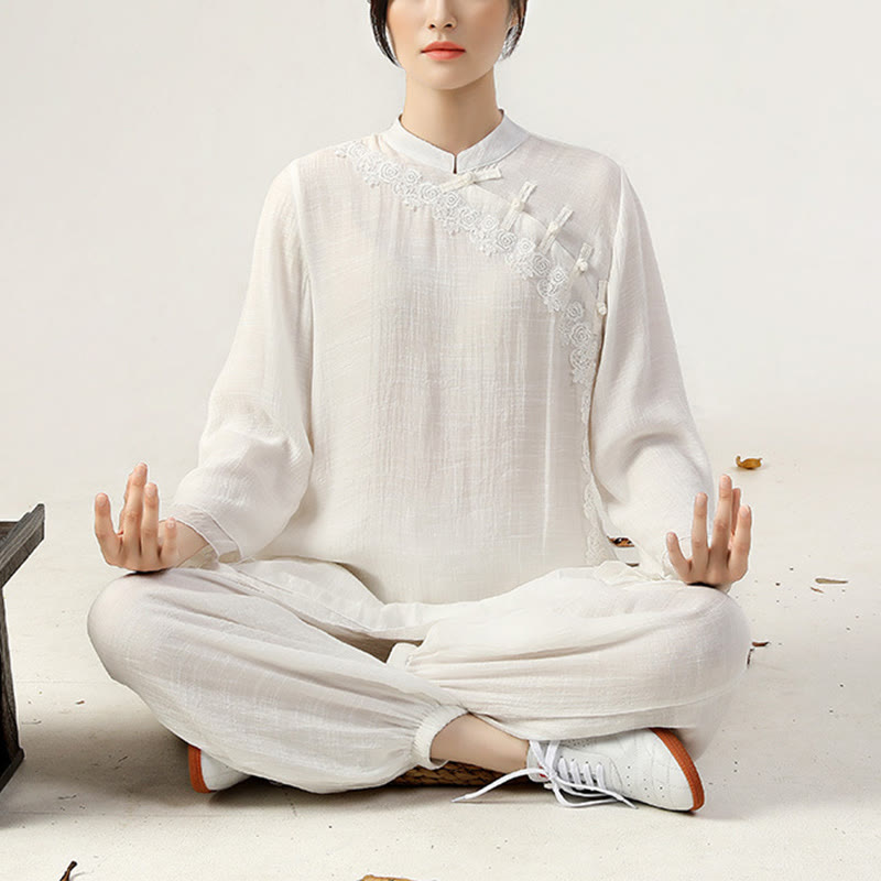 Cotton-Linen Frog-Button Meditation and Tai Chi Two-Piece Set