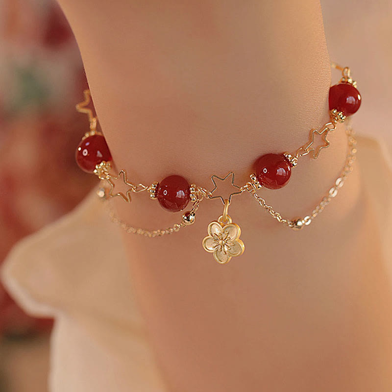 14k Gold Plated Red Agate Star Flower Charm Calm Bracelet