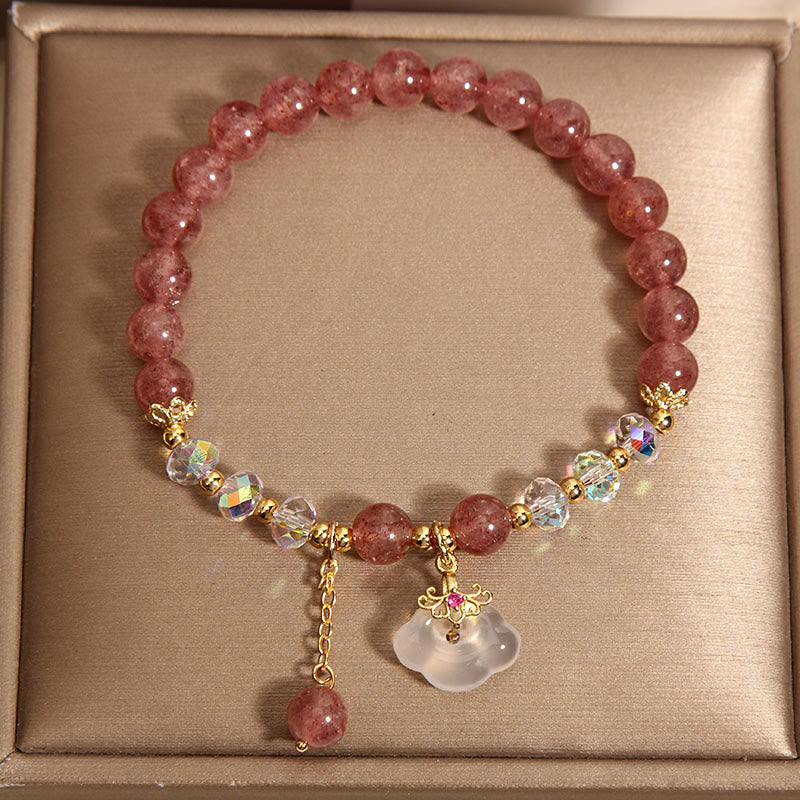 Natural Strawberry Quartz and White Agate Auspicious Cloud Beaded Crystal Bracelet