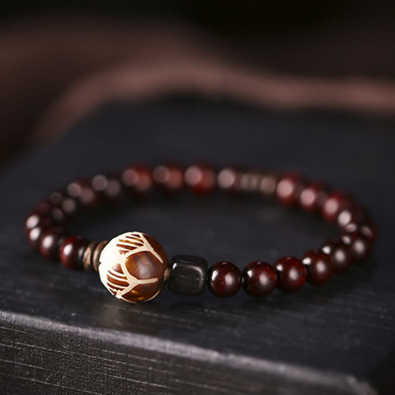 Carved Red Sandalwood and Lotus Bodhi Seed Double Wrap Bracelet
