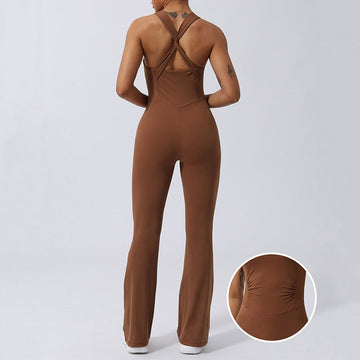 Women Workout Crisscross Sleeveless Flare Jumpsuit Sports Fitness Yoga Bodysuit