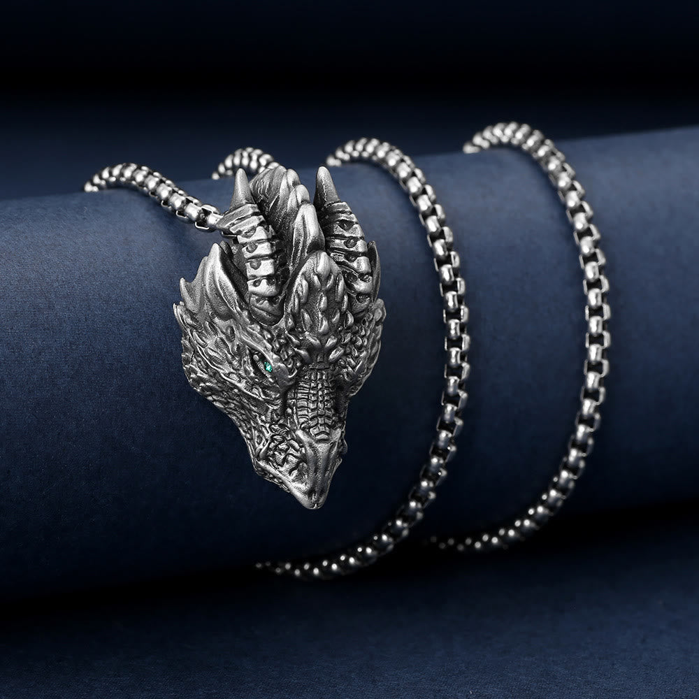 Pure Tin Dragon Head Luck Protection Metal Necklace Pendant