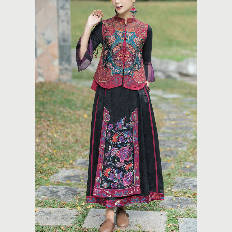 Vintage Style Embroidery Flower Tang Suit Design Sleeveless Vest