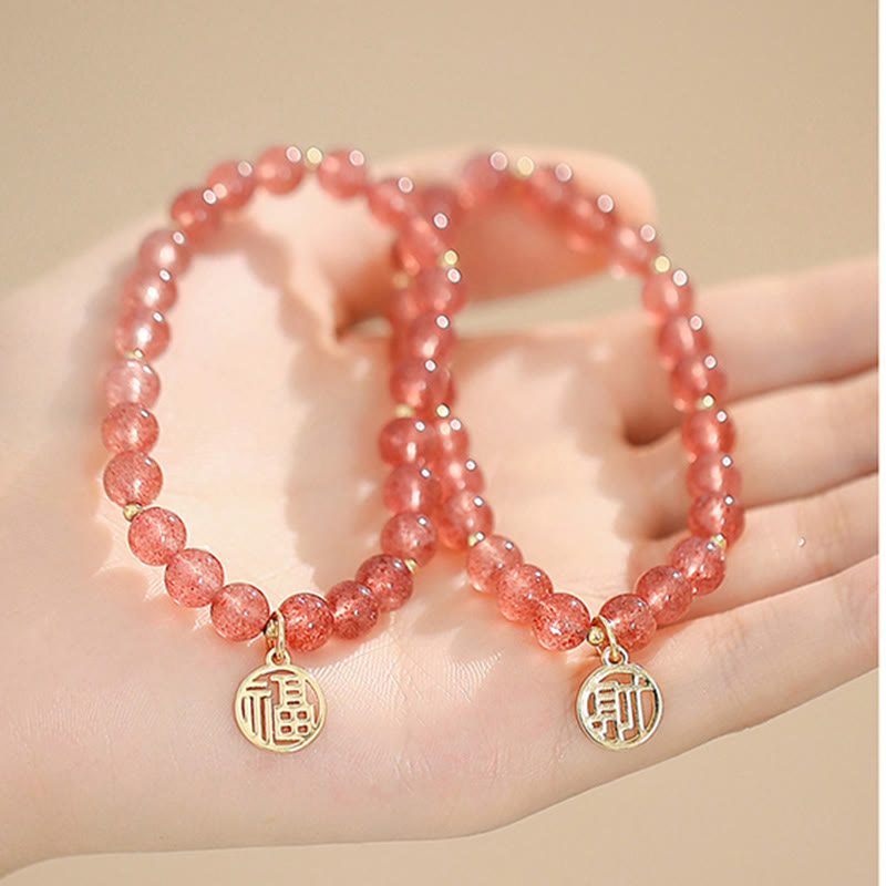 14K Gold Plated Strawberry Quartz Fu Character Healing Charm Bracelet
