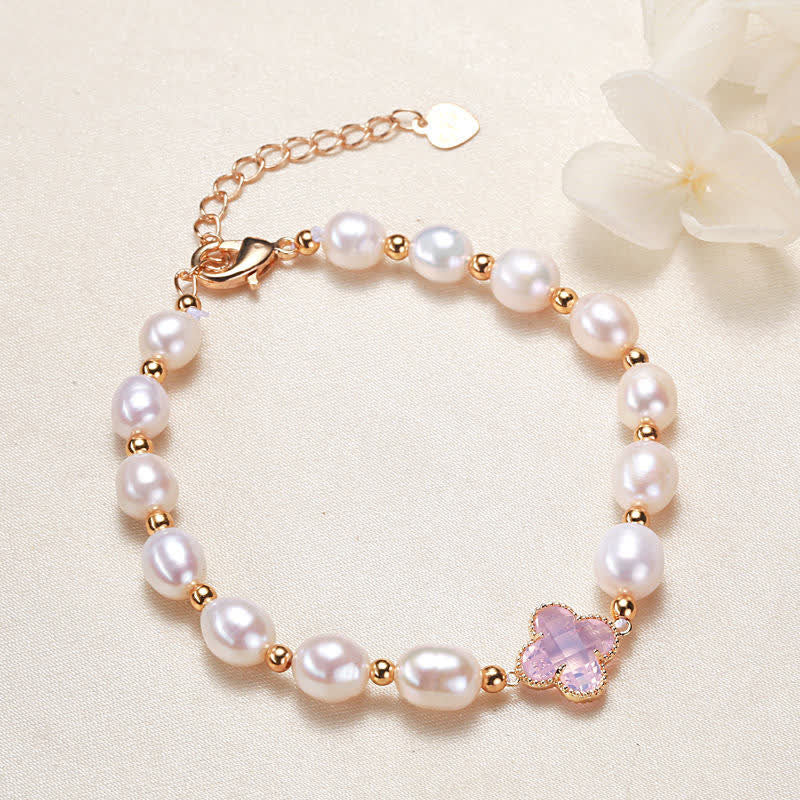 Elegant Pearl Chain Bracelet with Minimalist Four Leaf Clover Charm