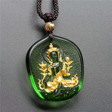 Tibetan Gold Plated Liuli Crystal Green Tara Buddha Pendant Necklace