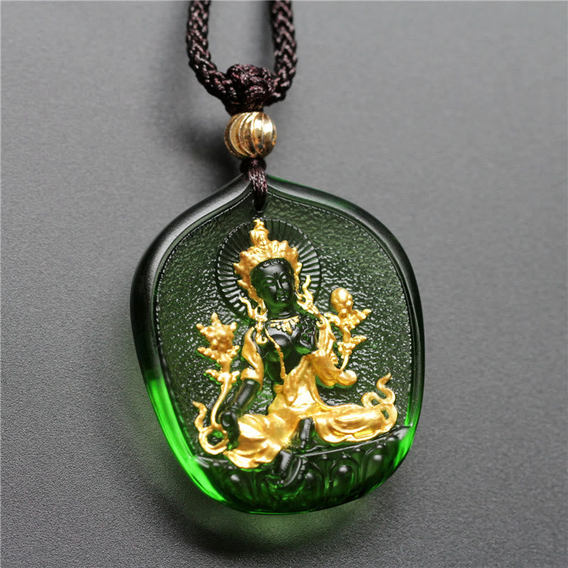 Tibetan Gold Plated Liuli Crystal Green Tara Buddha Pendant Necklace