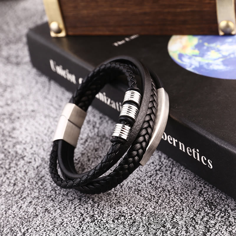Leather Multi-Layer Titanium Steel Balance Braided Magnetic Buckle Bracelet