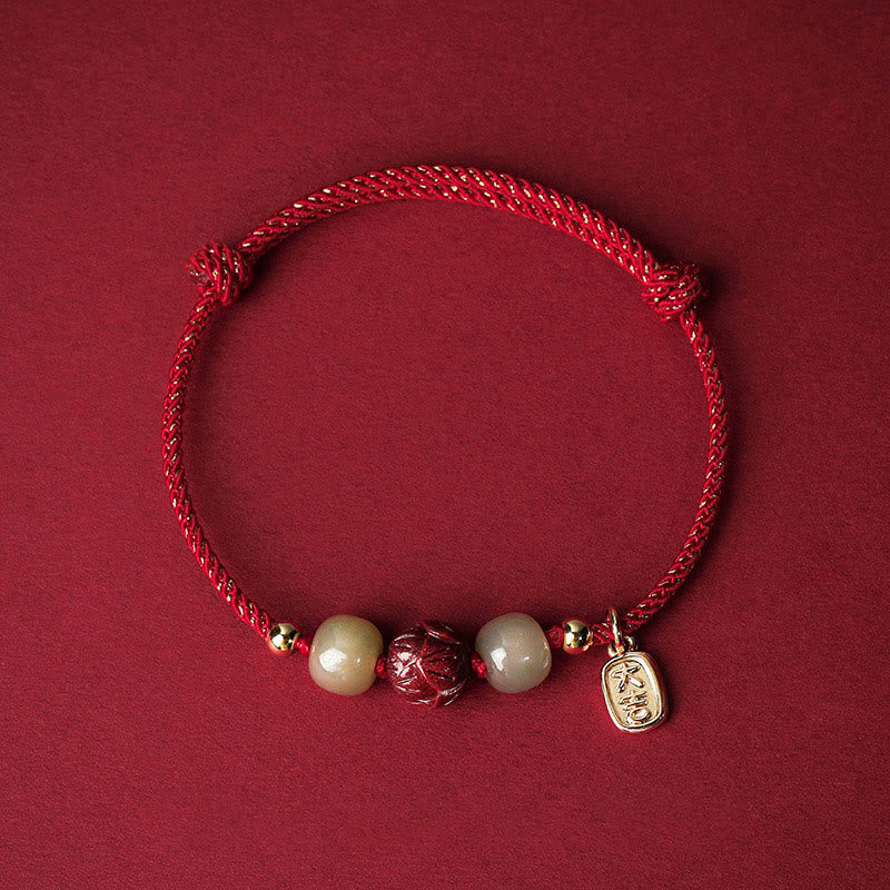 14K Gold Plated Hetian Jade Cinnabar Lotus Luck Handcrafted Rope Bracelet