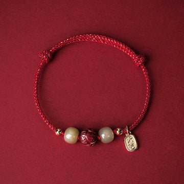 14K Gold Plated Hetian Jade Cinnabar Lotus Luck Handcrafted Rope Bracelet