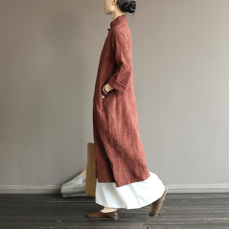 Flower Jacquard Midi Dress Long Sleeve Cotton Linen Dress Wide Leg Pants With Pockets
