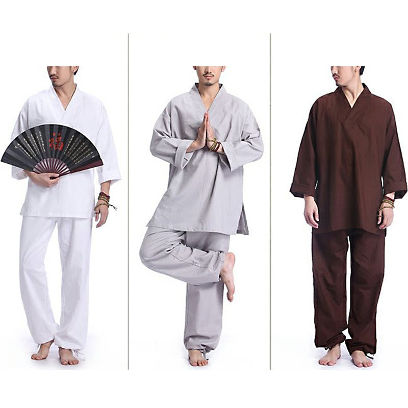Meditation Prayer V-neck Design Cotton Linen Spiritual Zen Practice Yoga Clothing Men's Set