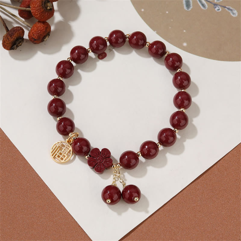 Cinnabar Fu Character Cherry Blossom Blessing Bracelet