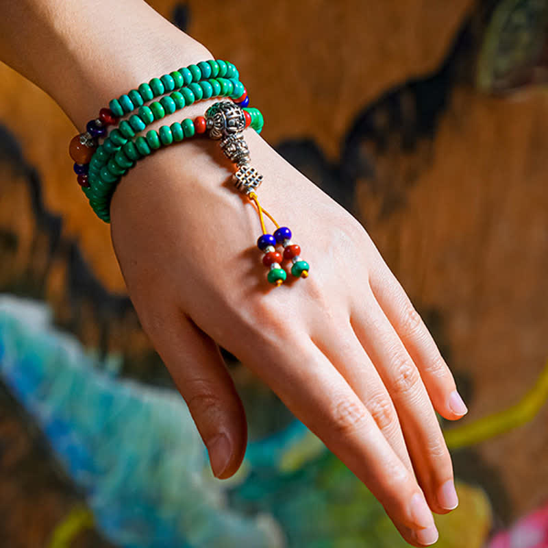108 Tibetan Turquoise Amber and Dzi Bead Meditation Mala Bracelet