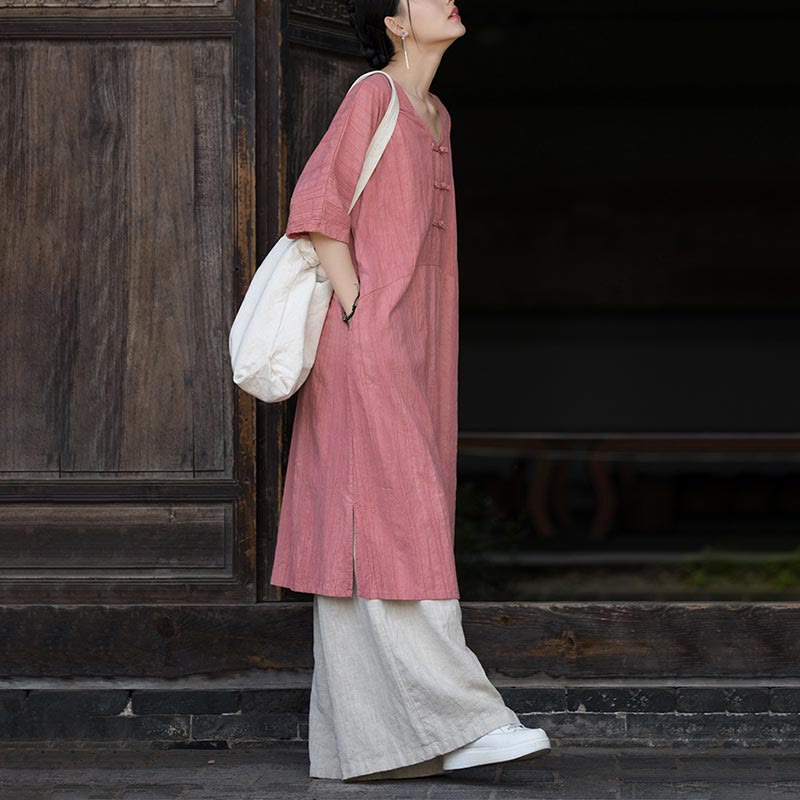 Ramie Linen Tie-Dye Frog-Button Meditation Midi Dress & Wide-Leg Pants Set