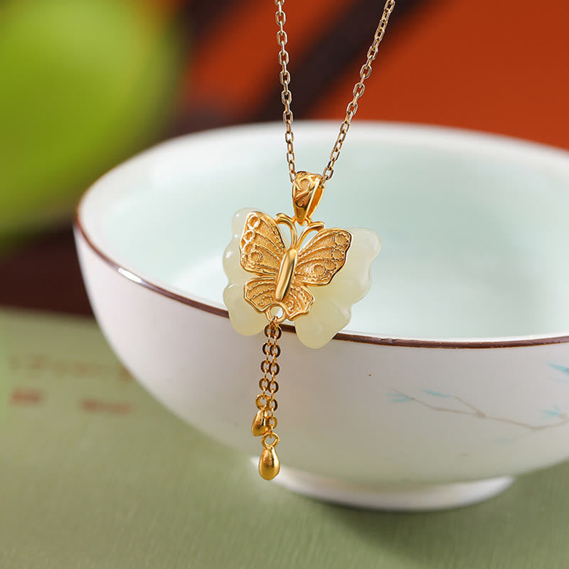 925 Sterling Silver Plated Gold Hetian White Jade Butterfly Blessing Necklace Pendant