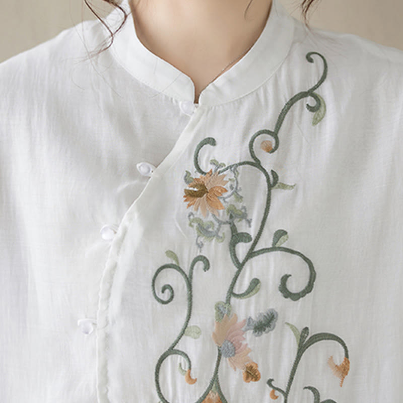2Pcs Flower Embroidery Short Sleeve Tee T-shirt Wide Leg Pants Set