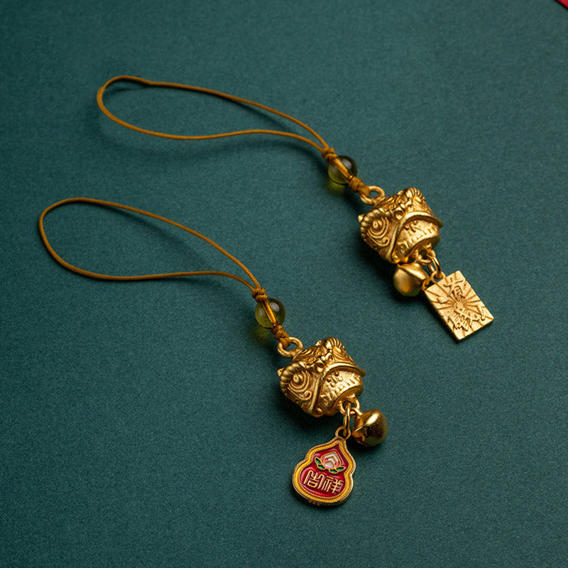 Dancing Guardian Lion Brass Copper Phone Charm with Ping An Kou & Ruyi Symbols
