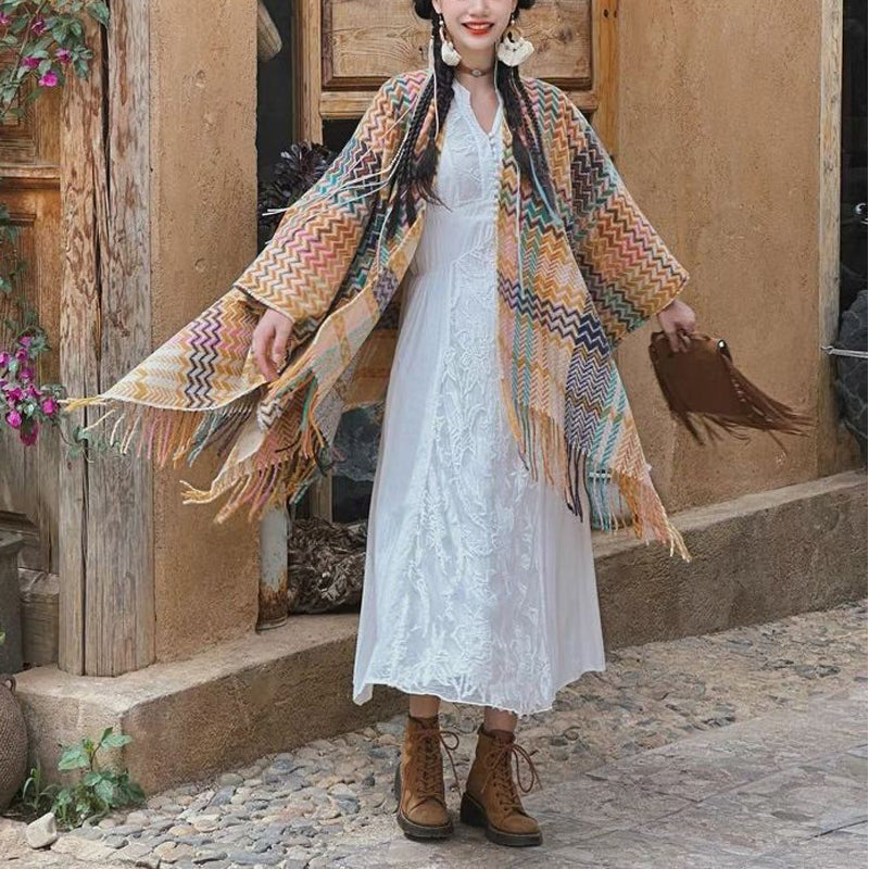 Tibetan Shawl Colorful Wavy Striped Shapes Tassels Winter Cozy Travel Scarf Wrap