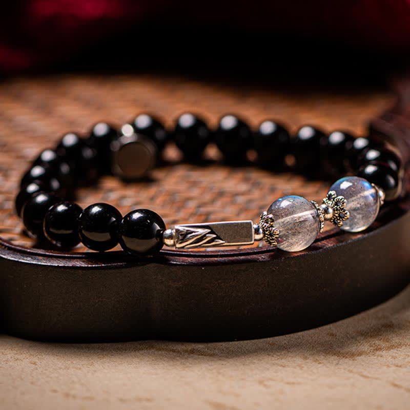 925 Sterling Silver Black Obsidian and Moonstone Beaded Couple Bracelet Set