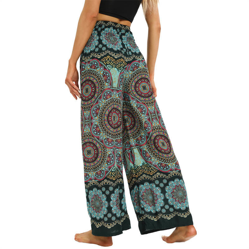 Boho Mandala Print Lace-up Wide Leg Pants Women's Yoga Pants