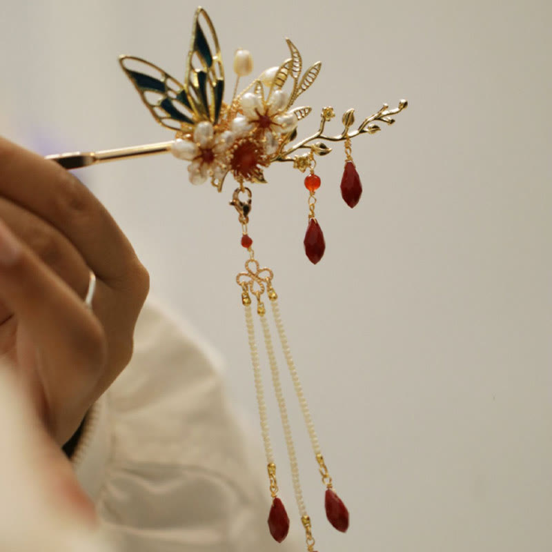 Classical Chinese Style Flower Branche Butterfly Pearl Tassel Hair Clip Hair Comb Hair Crown
