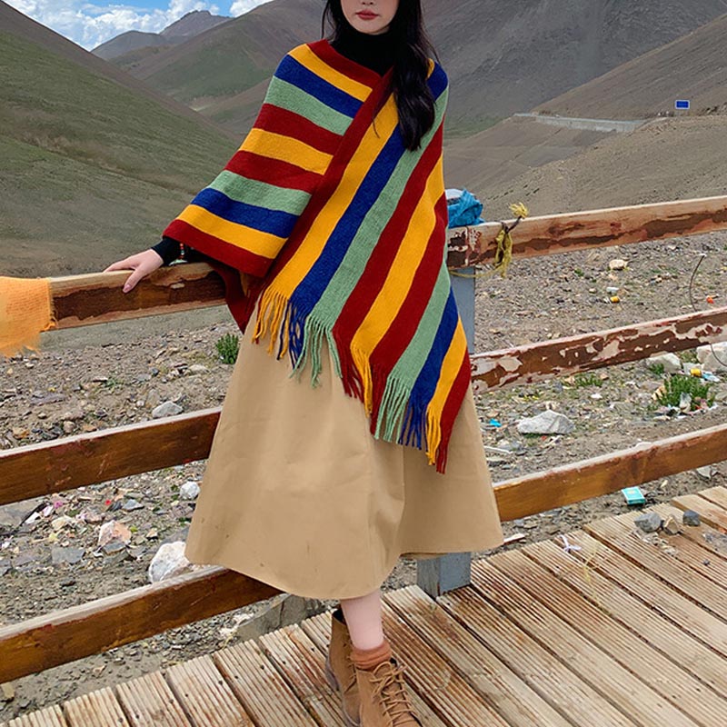 Knitted Striped Tassel Pullover Meditation Shawl Wrap
