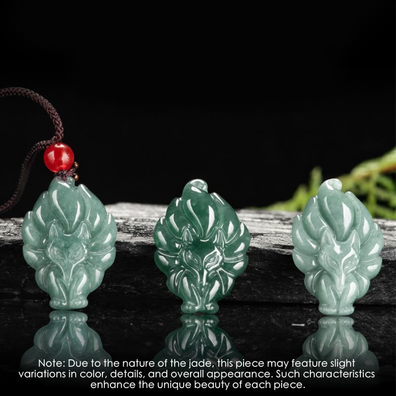 Natural Green Jade Nine Tailed Fox Luck Necklace Pendant