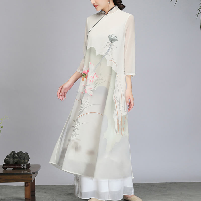 Lotus Flower Pod Chiffon Cheongsam Midi Dress Meditation Zen Practice Clothing
