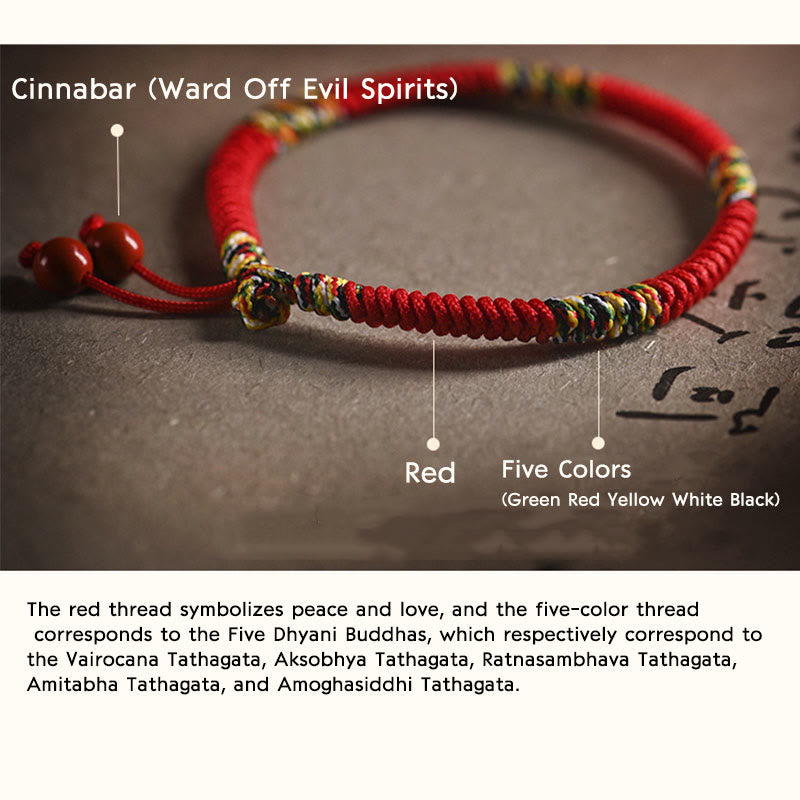 Vajra Knot Red String Bracelet with Cinnabar & Five Dhyani Buddhas Symbolism