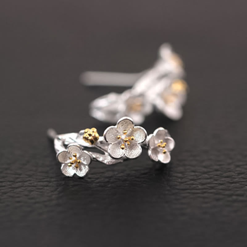 925 Sterling Silver Plum Blossom Floral Clear Quartz Earrings