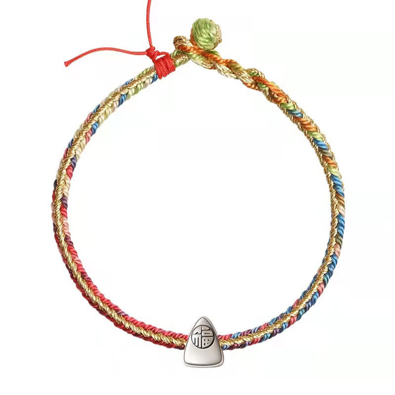 925 Sterling Silver Fu Character Zongzi Pattern Multicolored String Luck Handmade Braided Bracelet
