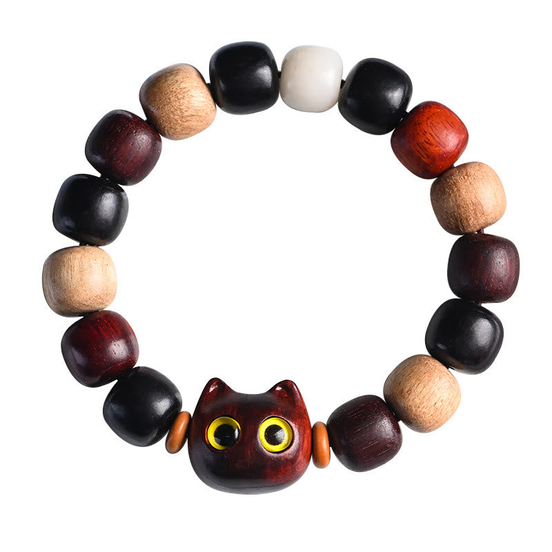 Cute Cat Engraved Sandalwood & Ebony Wood Energy Bracelet