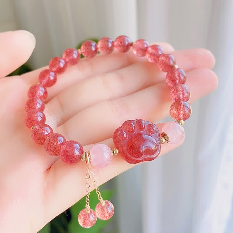 Handmade Rose & Strawberry Quartz Crystal Cat Paw Beaded Bracelet