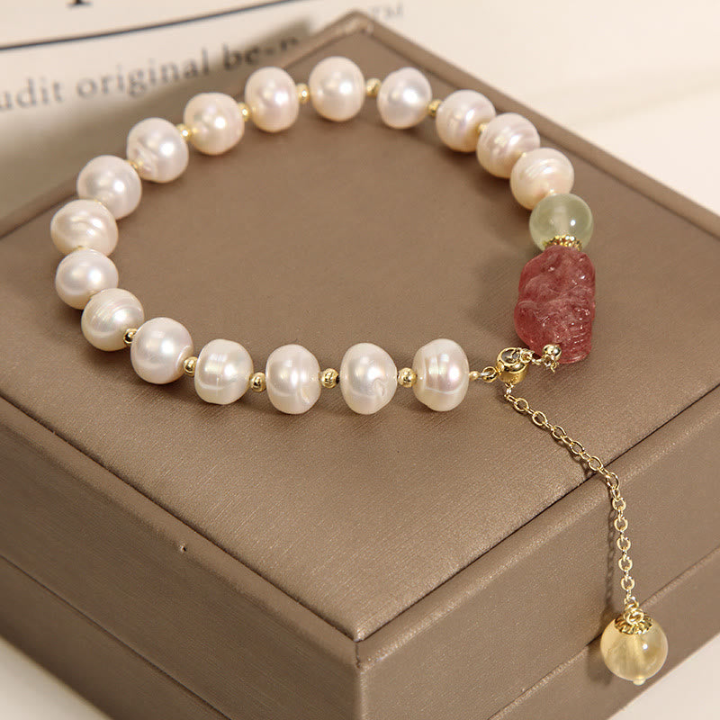 Natural Pearl Strawberry Quartz PiXiu Optimism Charm Bracelet