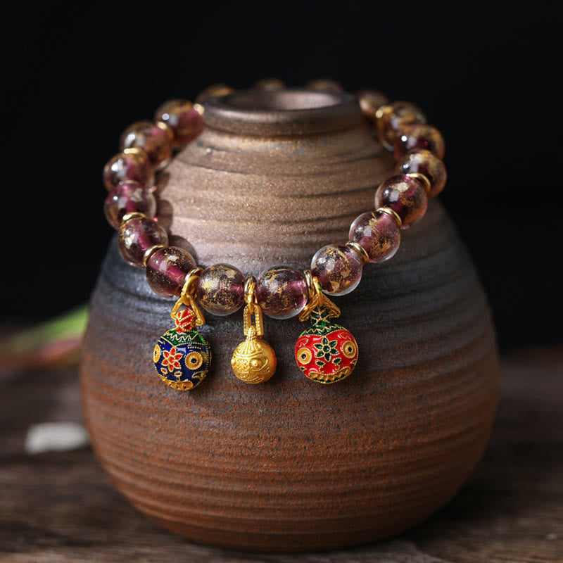 Gold Swallowing Beast Family Charm Gold Silver Foil Liuli Glass Bead Blessings Bracelet