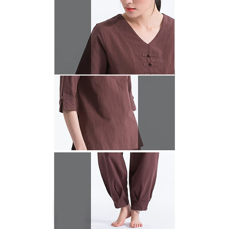 Yoga Meditation Prayer V-neck Design Cotton Linen Clothing Uniform Zen Practice Women's Set