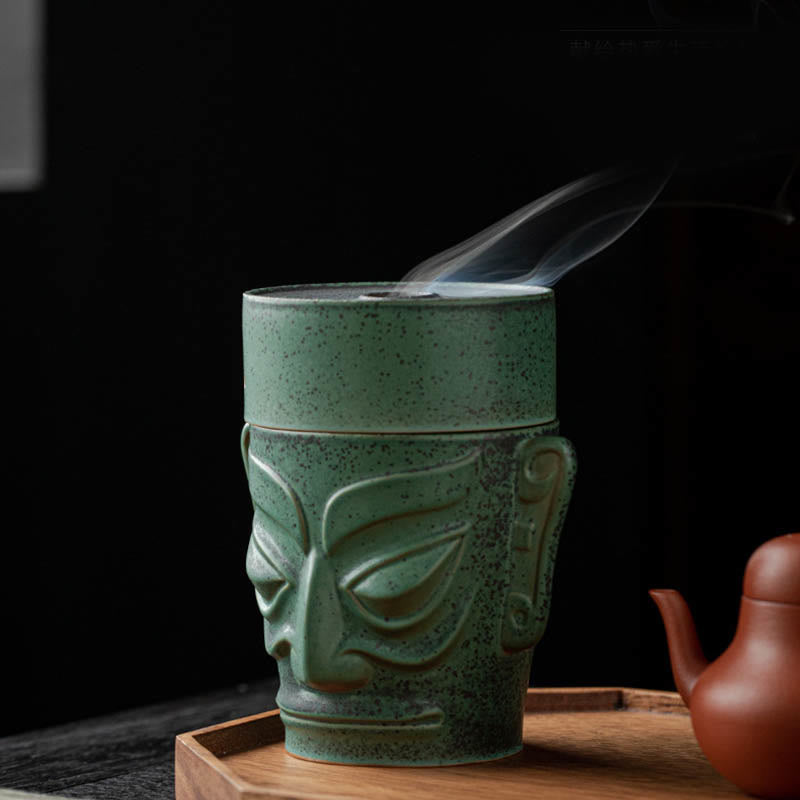 Ancient Sanxingdui Mask Ceramic Incense Burner - 13.8cm x 7.8cm