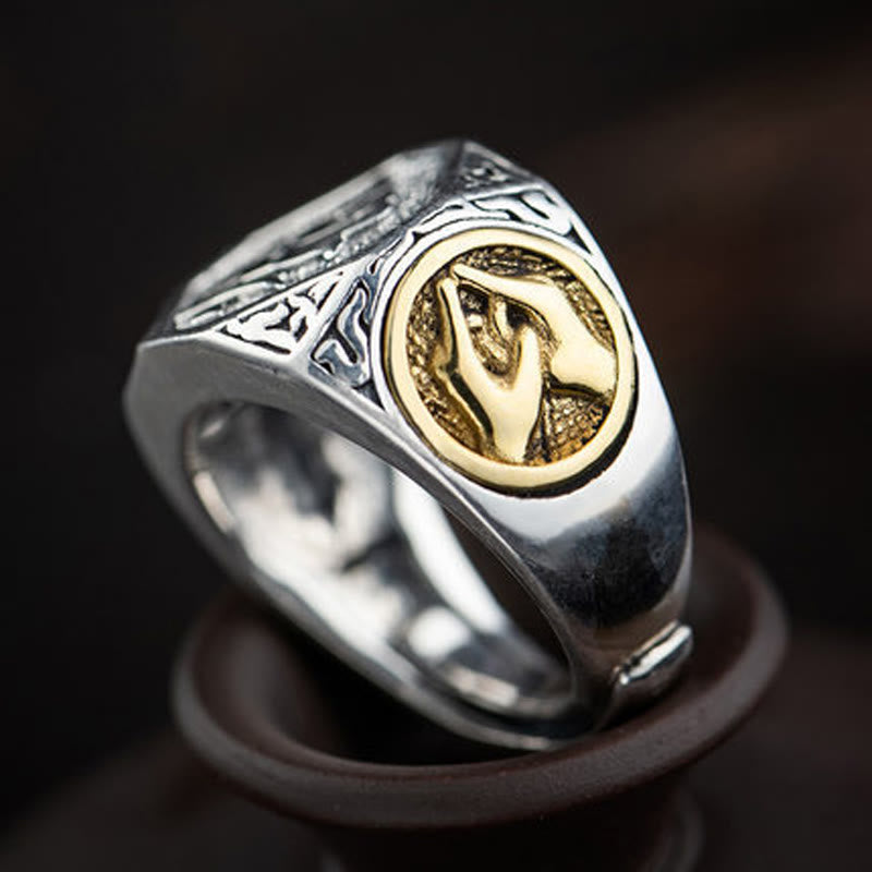 925 Sterling Silver Sanskrit Design Carved Protection Adjustable Ring