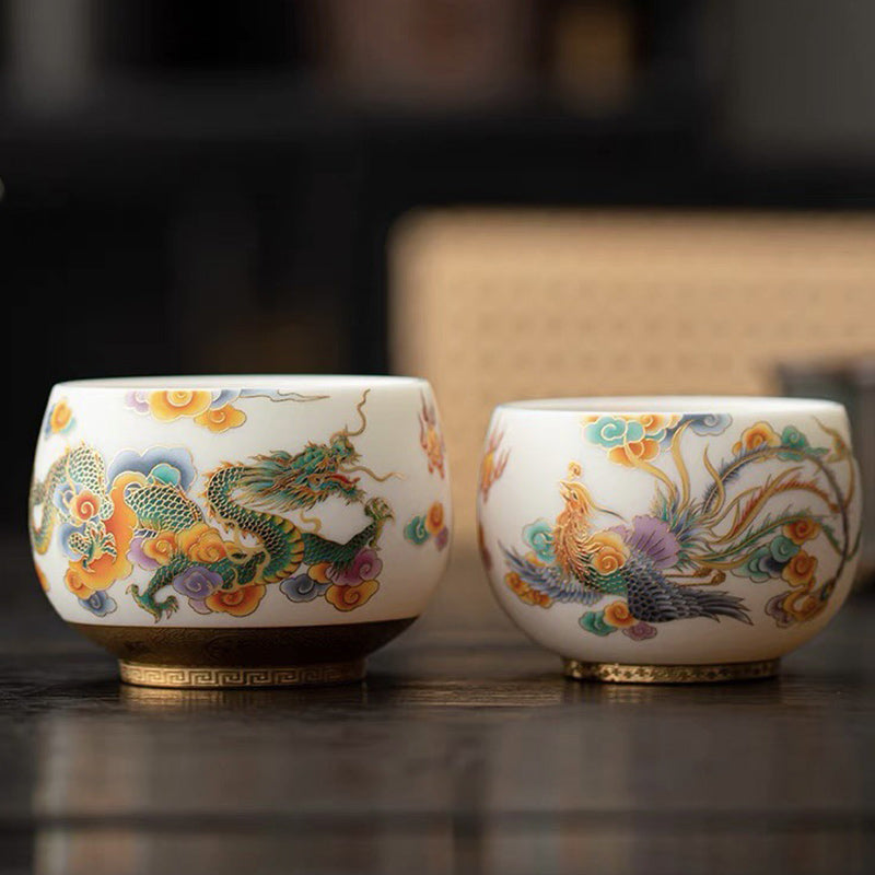 Dragon Phoenix Auspicious Clouds Ceramic Teacup Kung Fu Tea Cup