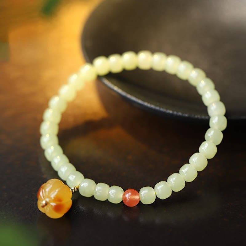 Natural Hetian Jade Amber and Red Agate Pumpkin Carved Gemstone Bracelet