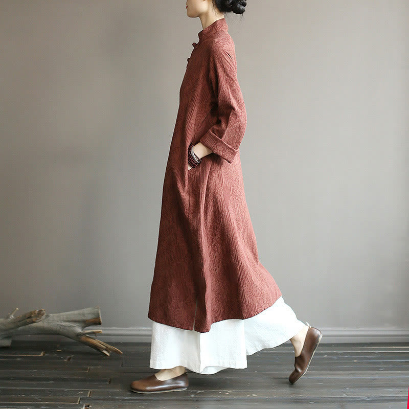 Flower Jacquard Midi Dress Long Sleeve Cotton Linen Dress Wide Leg Pants With Pockets