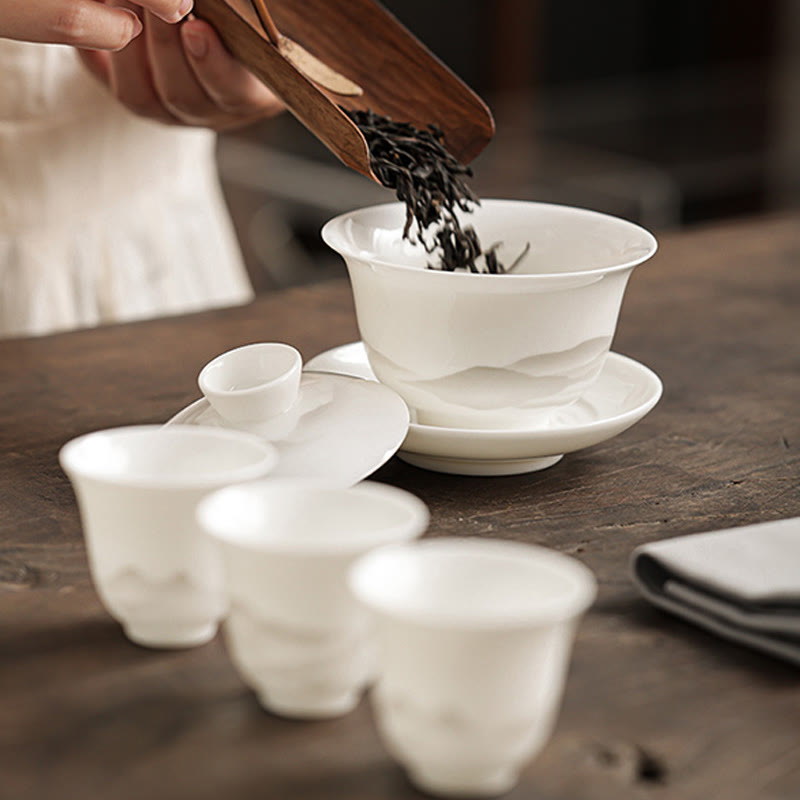 Vintage Ink Painting Mountain White Porcelain Ceramic Gaiwan Sancai Teacup Kung Fu Tea Cup And Saucer With Lid Tea Utensil Teapot