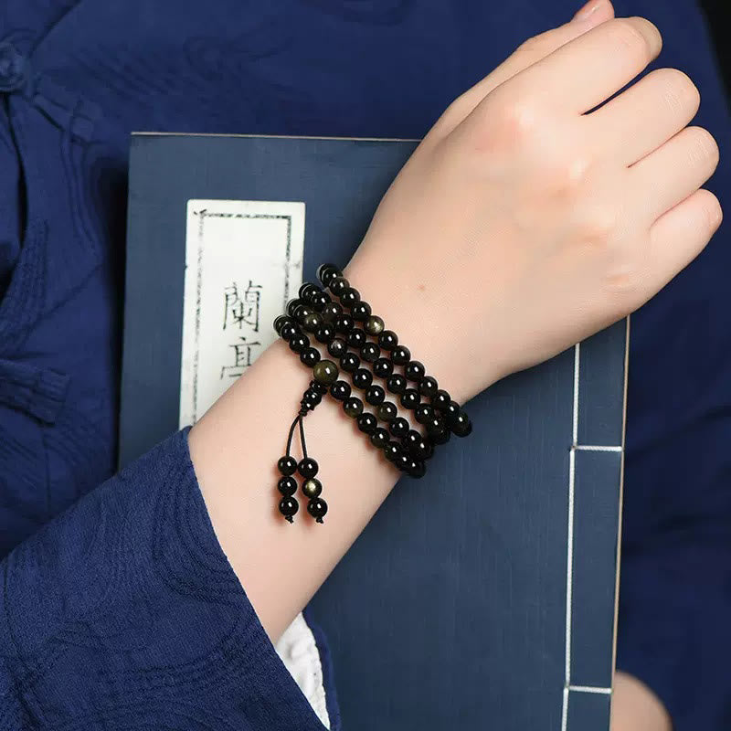 108 Mala Beads Natural Gold Sheen Obsidian Wealth Bracelet