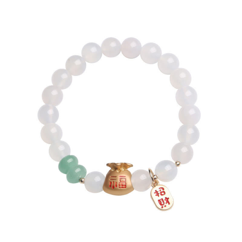 Natural White Agate Red Agate Money Bag Fu Character Four Leaf Clover Protection Bracelet