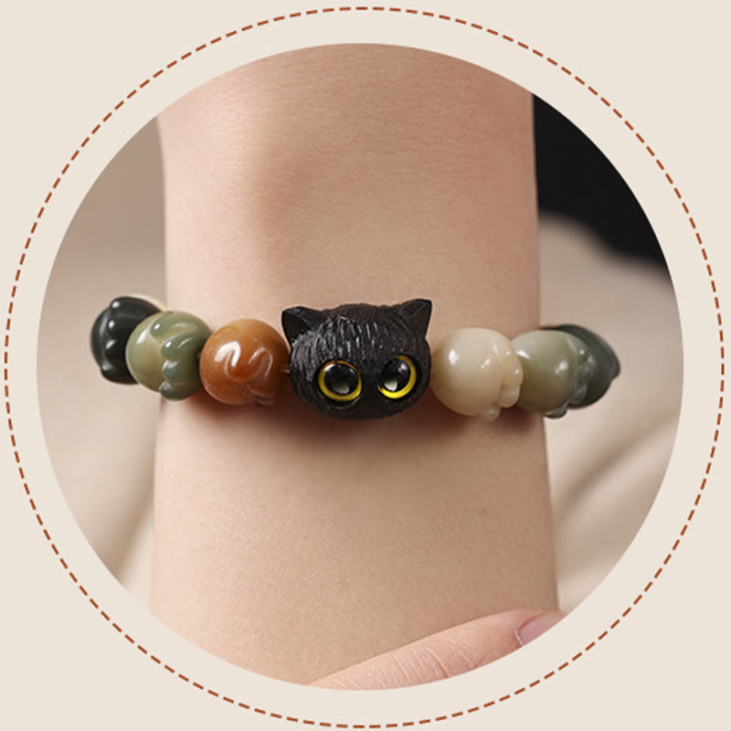 Natural Bodhi Seed Lovely Paw Ebony Wood Lucky Cat Wisdom Bracelet