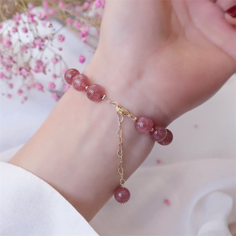 Natural Strawberry Quartz and Pearl Four-Leaf Clover Charm Bracelet