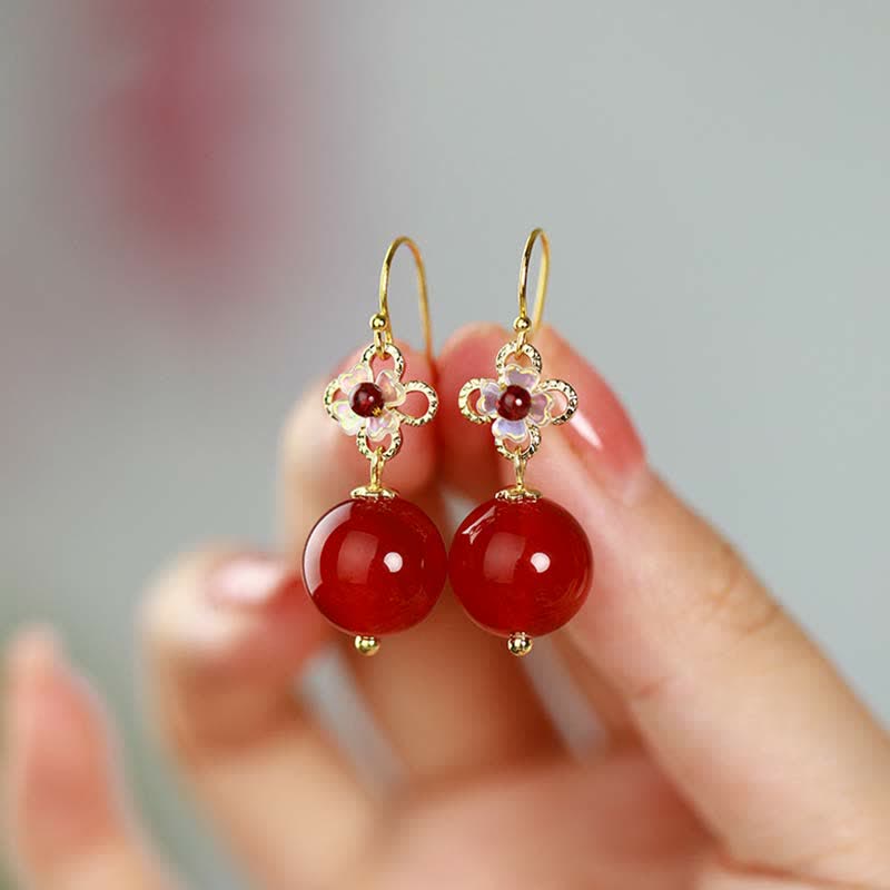 925 Sterling Silver Red Agate Flower Beaded Confidence Earrings