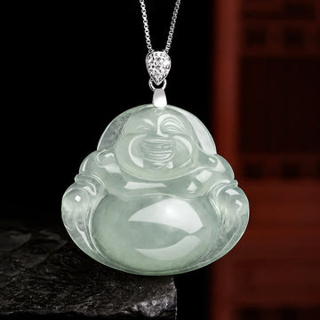 925 Sterling Silver Natural Jade Laughing Buddha Prosperity Abundance Chain Necklace Pendant