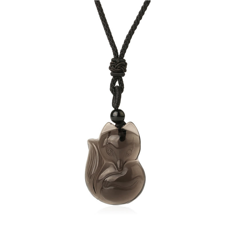 Natural Black Obsidian Tiger Eye Ice Obsidian Fox Pendant Amulet Necklace